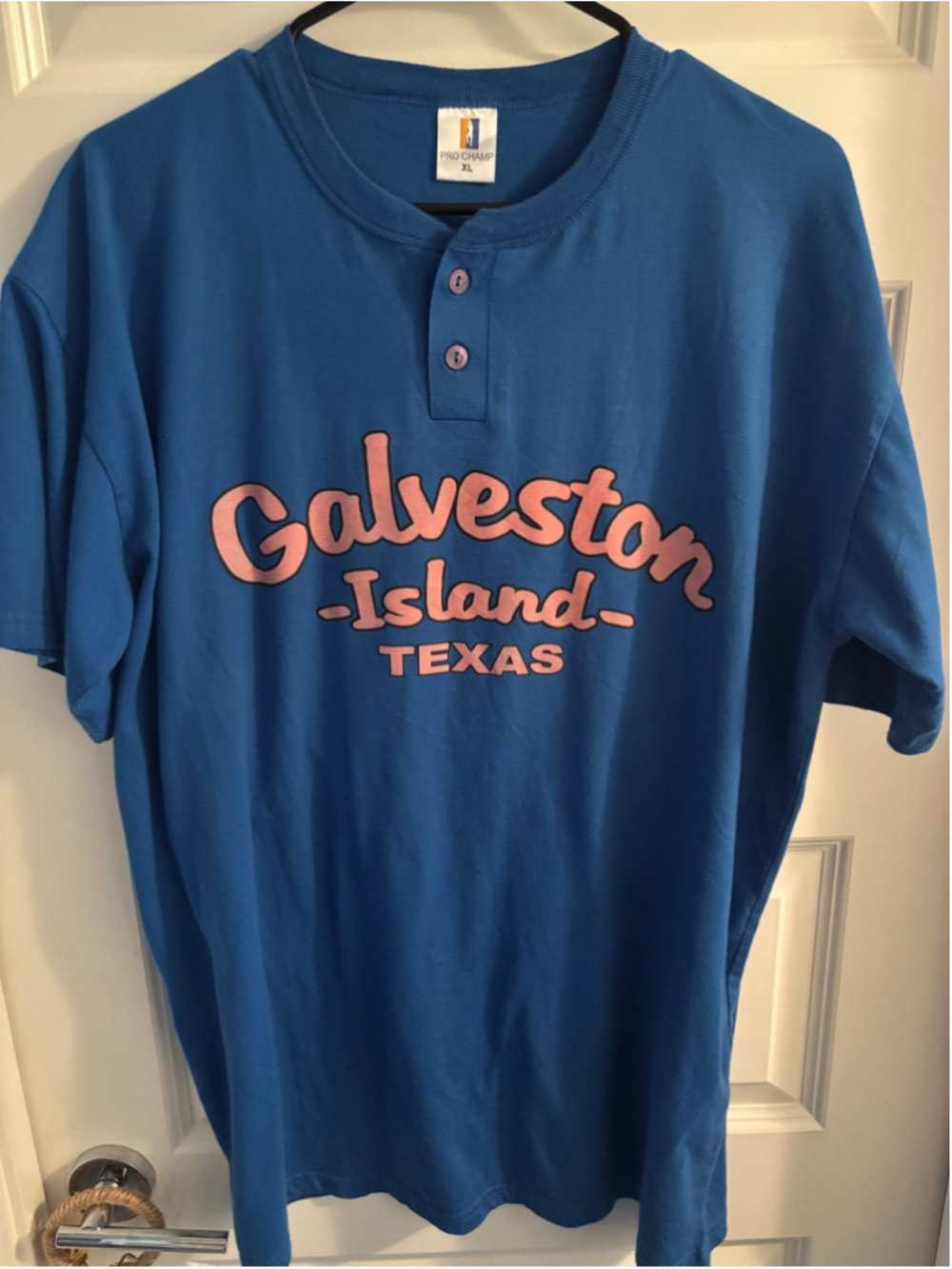 • Vintage Pro Champ Galveston Island Texas Henley Shirt XL Blue Retro Graphic T